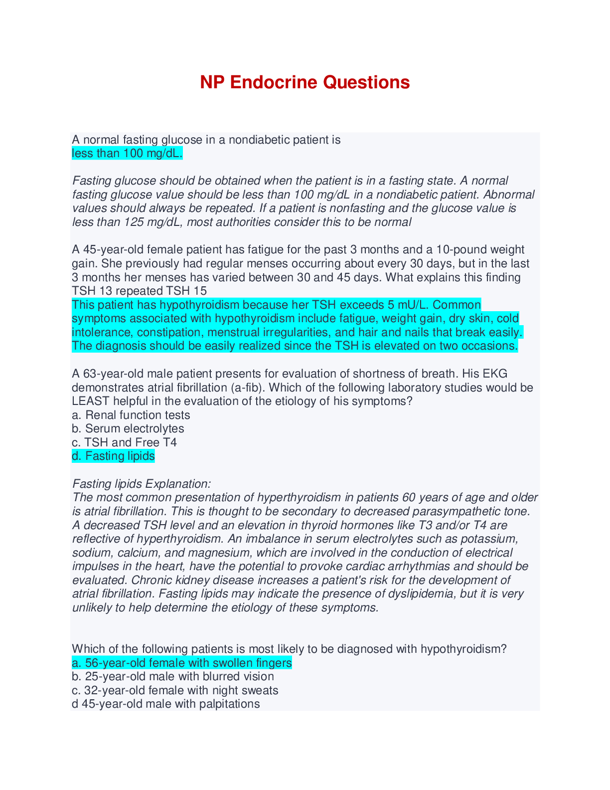 Preview image of NP Endocrine Questions (Answered with Explanations) document